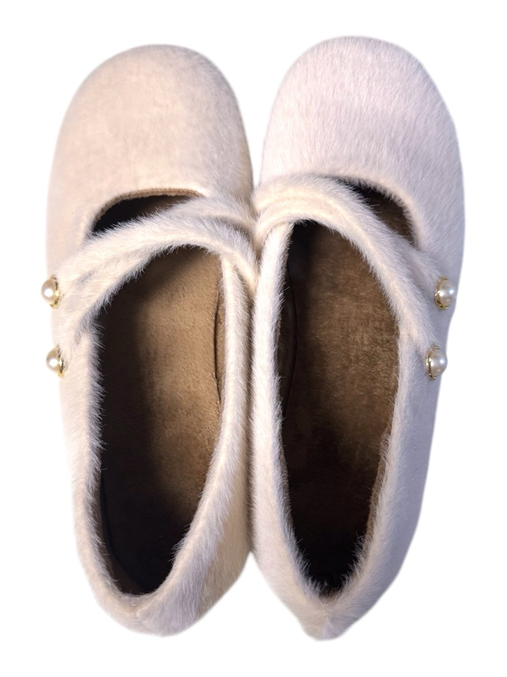 FlowerGirl Ivory & Gold Pearl Faux Fur Mary Janes Flats w/Elastic Straps Sz 10